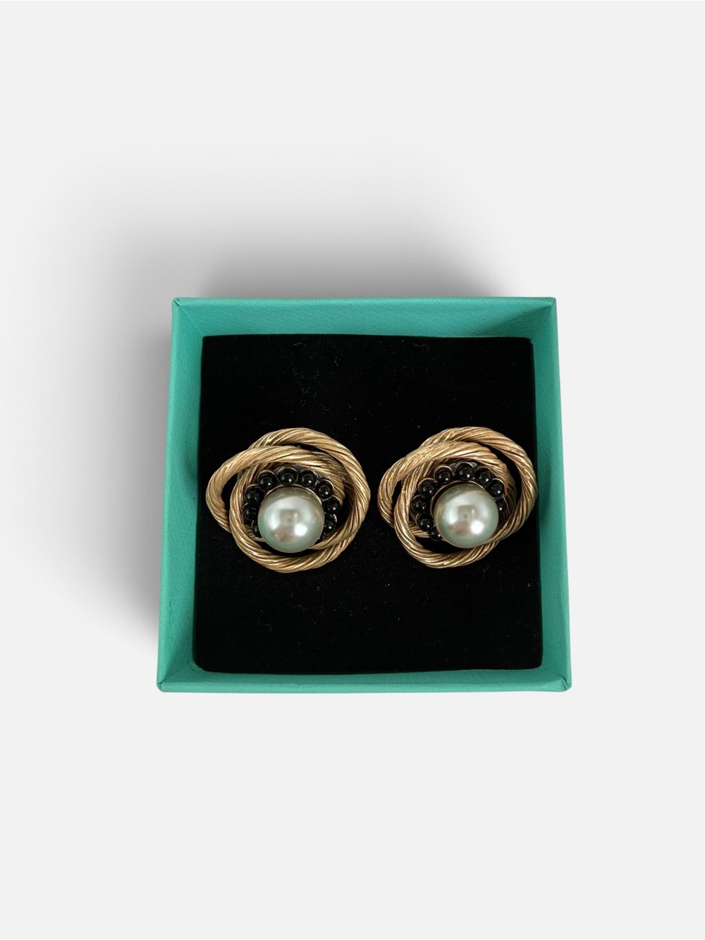 Gold-Tone Pearl and Black Bead Knot Earrings